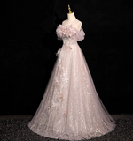 Ndyad A-line off-shoulder sequined tulle long prom dress, pink formal long dress HZ1024