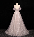 Ndyad A-line off-shoulder sequined tulle long prom dress, pink formal long dress HZ1024