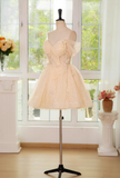 Ndyad A-line off shoulder tulle lace short prom dress, champagne homecoming dress HZ1024