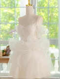 Ndyad A-line off-the-shoulder tulle lace short prom dress, white homecoming dress HZ1024