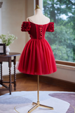 Ndyad A-line off-the-shoulder tulle short prom dress, Burgundy engagement dress homecoming dress HZ1024