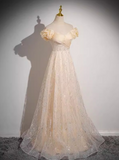 Ndyad A-line off-the-shoulder tulle sequined long prom dress, sweet 16 dress HZ1024
