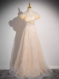 Ndyad A-line off-the-shoulder tulle sequined long prom dress, sweet 16 dress HZ1024