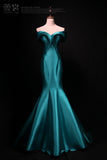 Ndyad mermaid off-shoulder satin long prom dress,blue formal long dress HZ1024