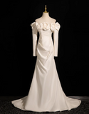 Ndyad Mermaid Off Shoulder Long Satin Prom Dress, Beige Formal Dress HZ1024