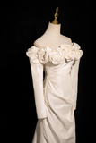 Ndyad Mermaid Off Shoulder Long Satin Prom Dress, Beige Formal Dress HZ1024