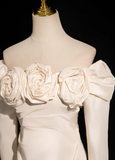 Ndyad Mermaid Off Shoulder Long Satin Prom Dress, Beige Formal Dress HZ1024