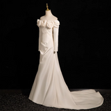 Ndyad Mermaid Off Shoulder Long Satin Prom Dress, Beige Formal Dress HZ1024
