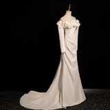 Ndyad Mermaid Off Shoulder Long Satin Prom Dress, Beige Formal Dress HZ1024