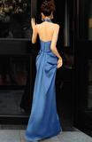 Ndyad Halter Neck A-Line Satin Long Prom Dress, Blue Formal Dress HZ1024