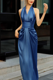 Ndyad Halter Neck A-Line Satin Long Prom Dress, Blue Formal Dress HZ1024