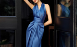 Ndyad Halter Neck A-Line Satin Long Prom Dress, Blue Formal Dress HZ1024