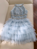 Ndyad A-line beaded tulle short prom dress, blue homecoming dress HZ1024