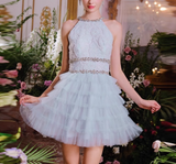 Ndyad A-line beaded tulle short prom dress, blue homecoming dress HZ1024