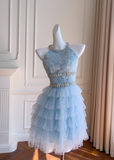 Ndyad A-line beaded tulle short prom dress, blue homecoming dress HZ1024