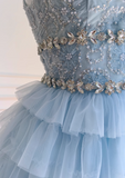 Ndyad A-line beaded tulle short prom dress, blue homecoming dress HZ1024