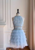 Ndyad A-line beaded tulle short prom dress, blue homecoming dress HZ1024