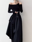 Ndyad niche design one-shoulder French Hepburn style waisted black and white slim long dress dress for women HZ1024