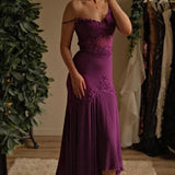 Ndyad Grape Spaghetti Straps Sheath Chiffon Prom Dress With Beads HZ1024
