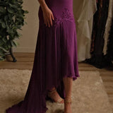 Ndyad Grape Spaghetti Straps Sheath Chiffon Prom Dress With Beads HZ1024