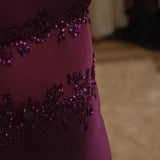 Ndyad Grape Spaghetti Straps Sheath Chiffon Prom Dress With Beads HZ1024