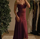 Ndyad Grape Spaghetti Straps Sheath Chiffon Prom Dress With Beads HZ1024