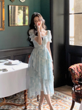 Ndyad style ruffle waist slim irregular gentle style blue floral chiffon dress for women HZ1024