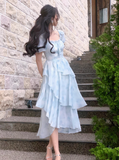 Ndyad style ruffle waist slim irregular gentle style blue floral chiffon dress for women HZ1024