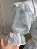 Ndyad style ruffle waist slim irregular gentle style blue floral chiffon dress for women HZ1024