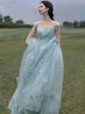 Ndyad Spaghetti Straps A-line Embroidery Satin Tulle Long Prom Dresses,Sweet 16 Dress With Appliqu¨¦ HZ1024
