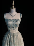 Ndyad Spaghetti Straps A-line Embroidery Satin Tulle Long Prom Dresses,Sweet 16 Dress With Appliqu¨¦ HZ1024