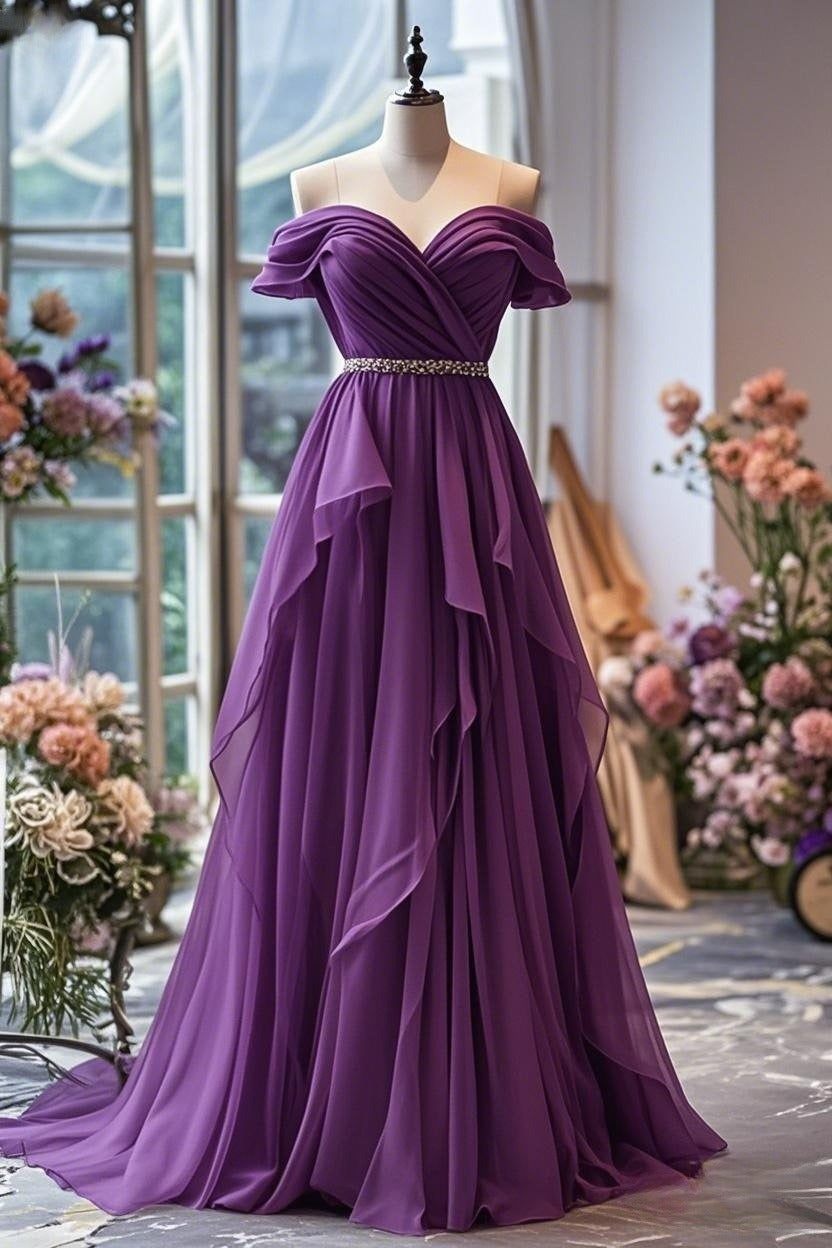 Ndyad A-line Off-shoulder Chiffon Long Prom Dress Formal Evening Gown HZ1024