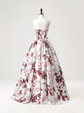 Ndyad Strapless White Floral Satin Long Prom Dress, Sweetheart Neck Formal Party Dress HZ1024
