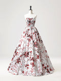 Ndyad Strapless White Floral Satin Long Prom Dress, Sweetheart Neck Formal Party Dress HZ1024