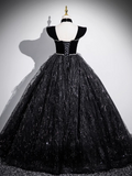 Ndyad A-line Off-shoulder Velvet Tulle Sequin Long Prom Dress, Black Formal Dress HZ1024