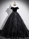 Ndyad A-line Off-shoulder Velvet Tulle Sequin Long Prom Dress, Black Formal Dress HZ1024