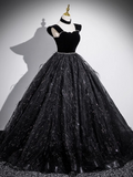 Ndyad A-line Off-shoulder Velvet Tulle Sequin Long Prom Dress, Black Formal Dress HZ1024