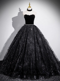 Ndyad A-line Off-shoulder Velvet Tulle Sequin Long Prom Dress, Black Formal Dress HZ1024