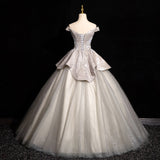 Ndyad Grey A-line Off-shoulder Neck Sequin Tulle Long Prom Dress, Elegant Formal Dress HZ1024