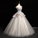 Ndyad Grey A-line Off-shoulder Neck Sequin Tulle Long Prom Dress, Elegant Formal Dress HZ1024