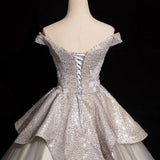 Ndyad Grey A-line Off-shoulder Neck Sequin Tulle Long Prom Dress, Elegant Formal Dress HZ1024