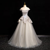 Ndyad Grey A-line Off-shoulder Neck Sequin Tulle Long Prom Dress, Elegant Formal Dress HZ1024