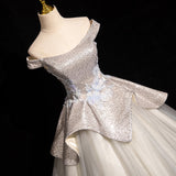 Ndyad Grey A-line Off-shoulder Neck Sequin Tulle Long Prom Dress, Elegant Formal Dress HZ1024