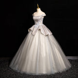 Ndyad Grey A-line Off-shoulder Neck Sequin Tulle Long Prom Dress, Elegant Formal Dress HZ1024