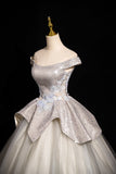 Ndyad Grey A-line Off-shoulder Neck Sequin Tulle Long Prom Dress, Elegant Formal Dress HZ1024