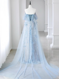 Ndyad A-line Off-the-shoulder Sequin Tulle Long Prom Dress, Blue Formal Dress HZ1024