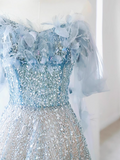 Ndyad A-line Off-the-shoulder Sequin Tulle Long Prom Dress, Blue Formal Dress HZ1024