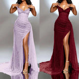 Ndyad Strapless Shiny Beaded Sequin Long Prom Dresses Formal Evening Dresses With Slit HZ1024