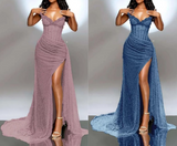 Ndyad Strapless Shiny Beaded Sequin Long Prom Dresses Formal Evening Dresses With Slit HZ1024