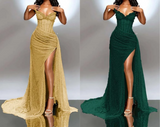 Ndyad Strapless Shiny Beaded Sequin Long Prom Dresses Formal Evening Dresses With Slit HZ1024
